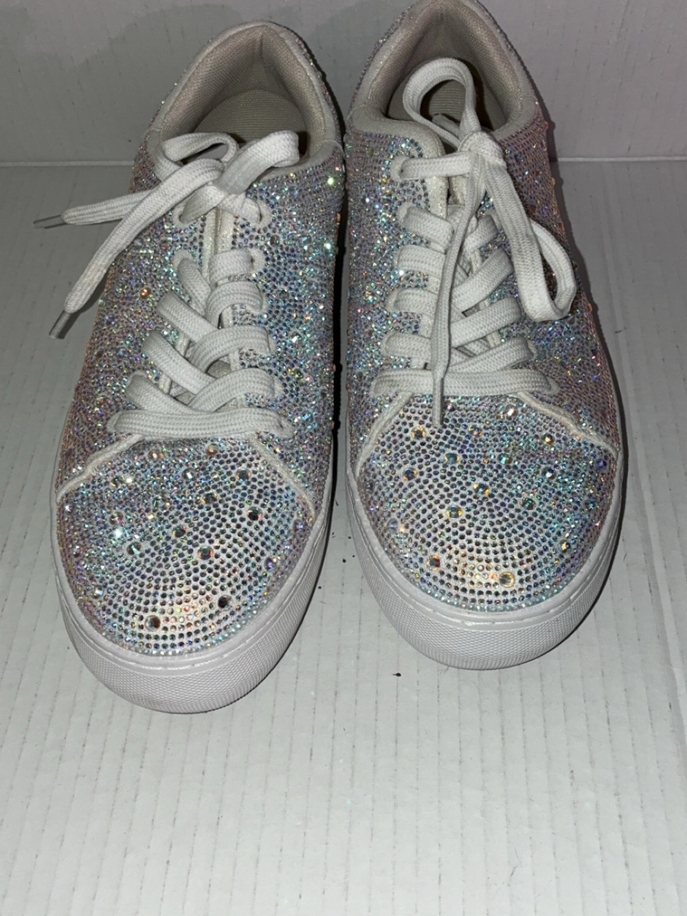 Sparkle Rhinestone Lace-Up Sneakers - White Glitter